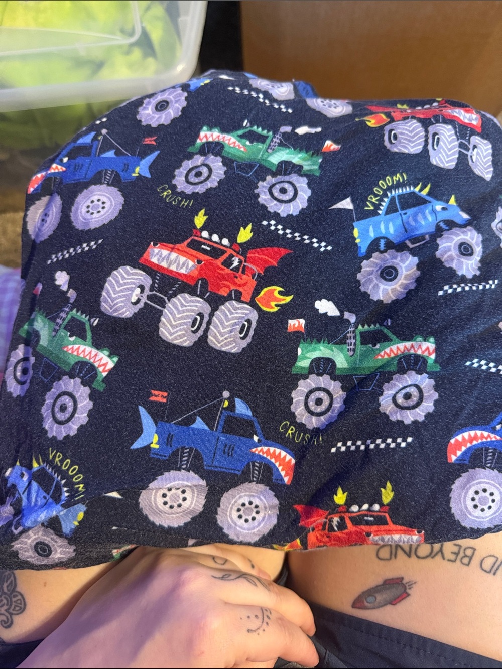Little Sleepies Navy Monster Truck Sheet with Red, Blue, Green Trucks